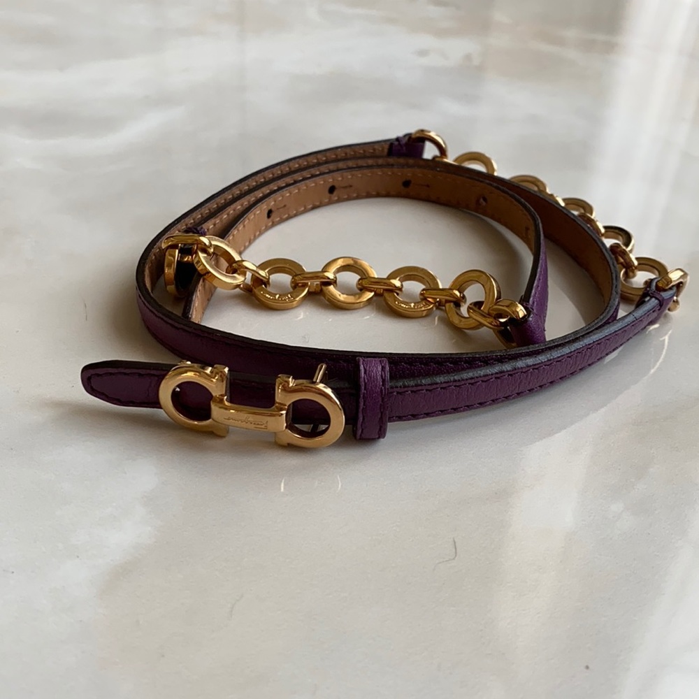 Salvatore Ferragamo Purple Leather Belt with Gold Chain Gancini Buckle